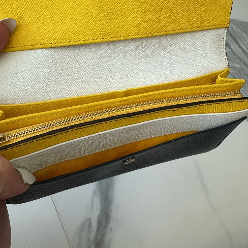 MICHAEL KORS Navy Blue & Yellow Leather Long Wallet Clutch Gold Hardware Button